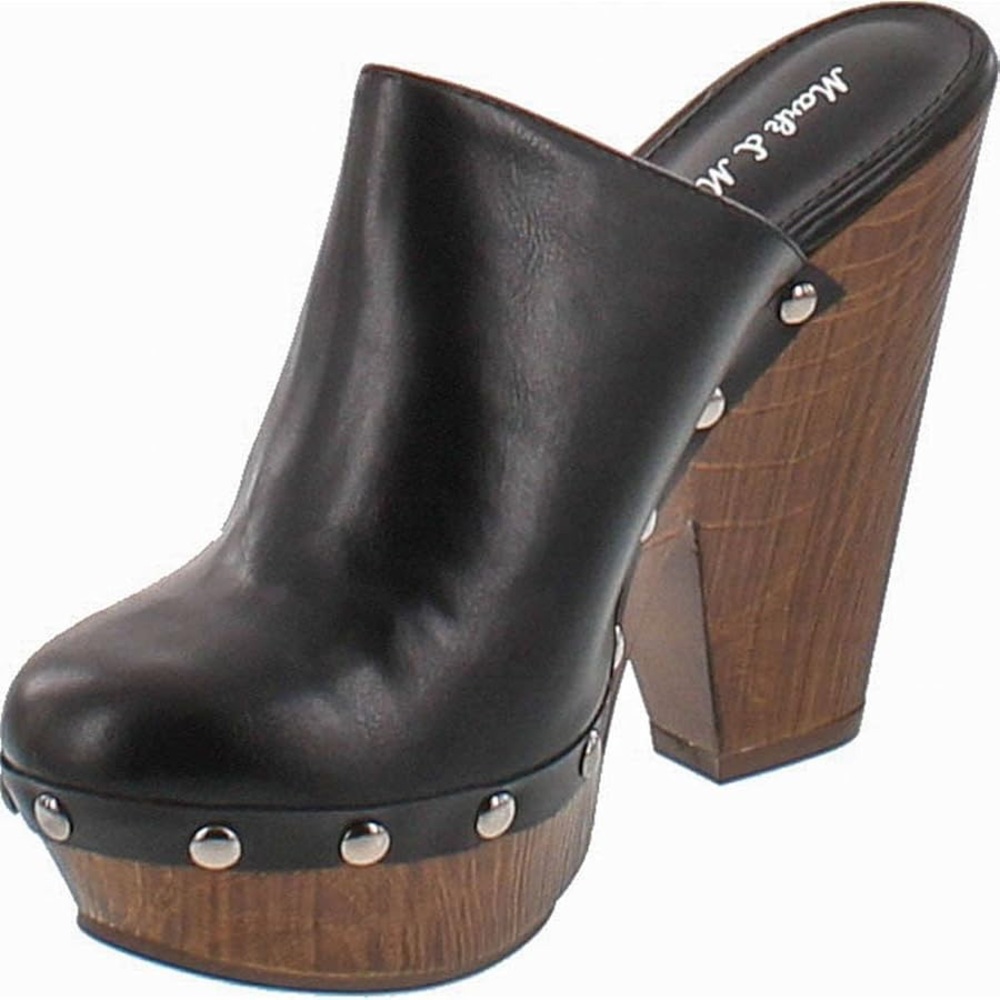 Black Leather Studded Mules with Wooden Heel